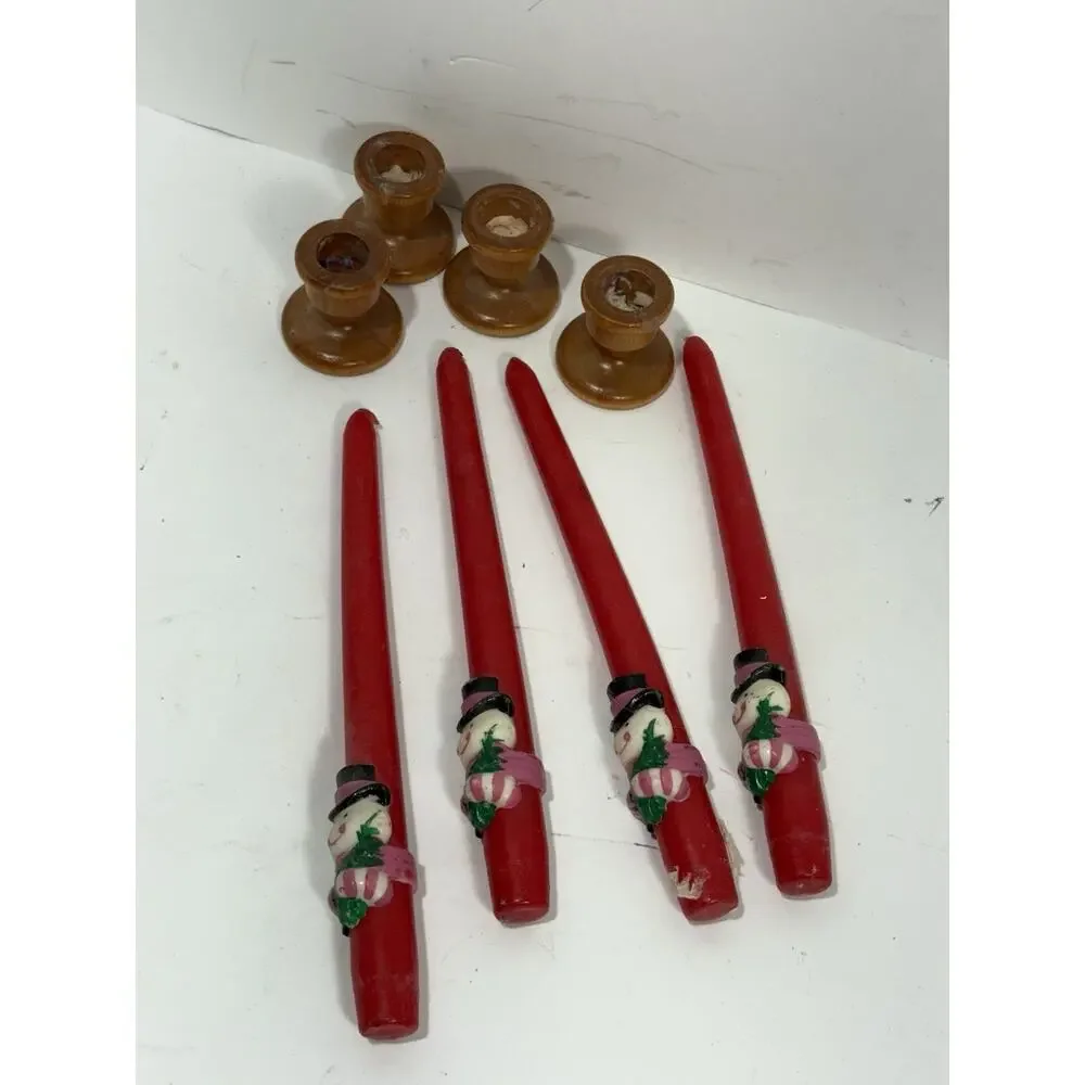 Vintage Set‎ Of 4 Candles Red Avon Taper Christmas Sculpted W/ Wooden Holders
